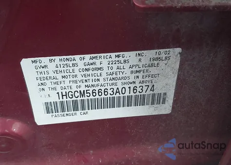 2003 Honda Accord 2.4 Ex из США, поврежденный, VIN 1HGCM56663A016374